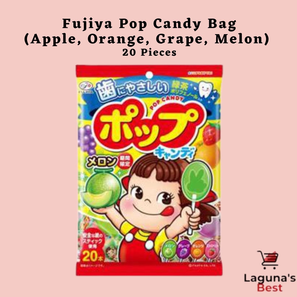 Fujiya Pop Candy Peko Fruit Lollipops (Apple, Orange, Grape, Melon) 20 Pieces